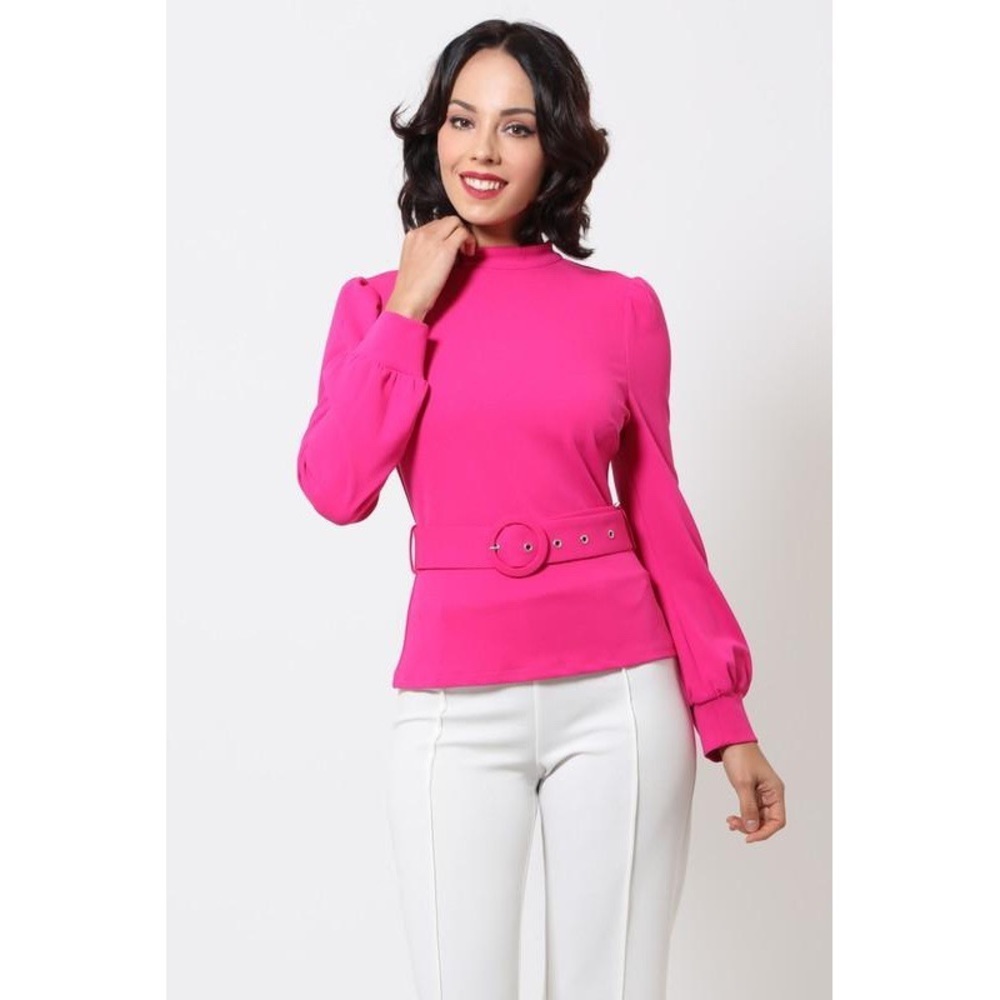 Fuchsia Puff Shoulder Belted Blouse